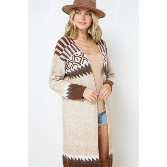 Taupe & Brown Aztec Tribal Western Boho Long Open Knit Cardigan Casual Sweater - Picture 8 of 8